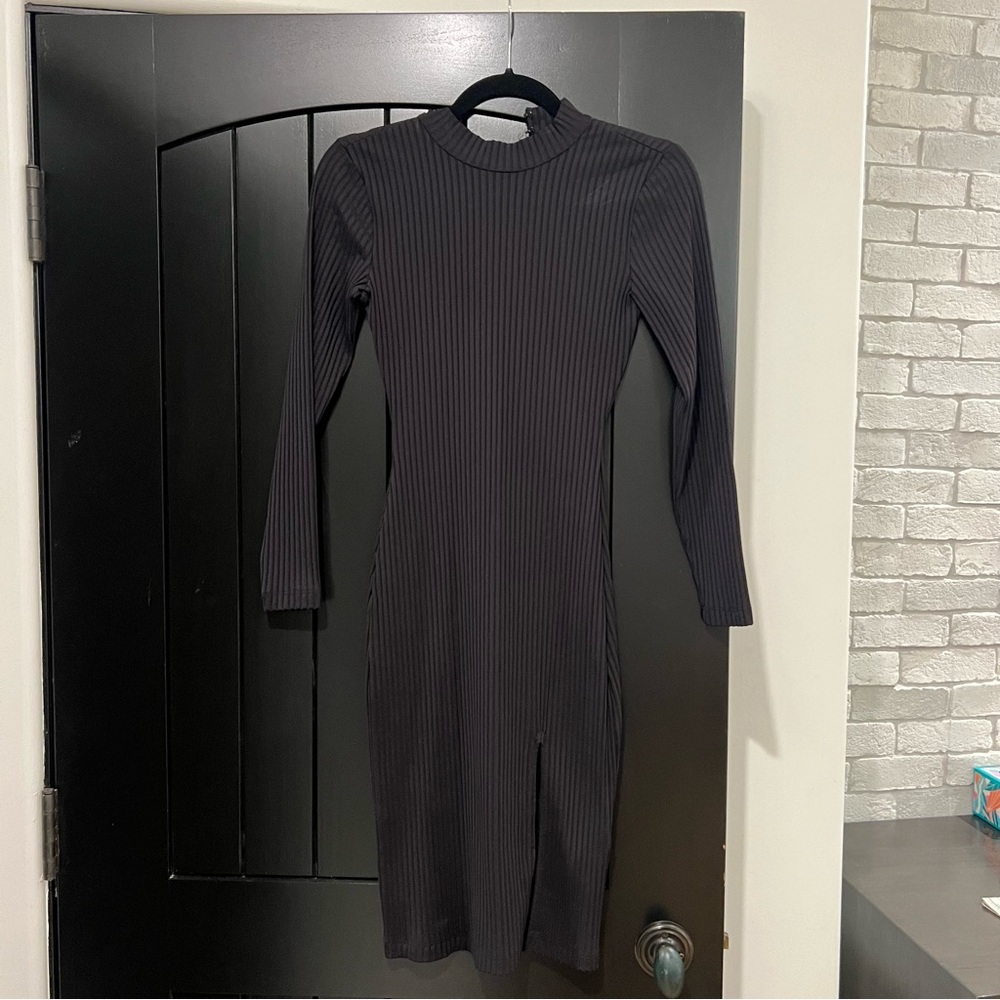 Bebe Women’s Ribbed Black Long Sleeve High Neck Midi Dress XXS New